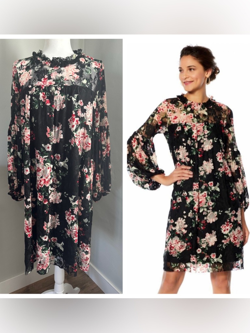 Tash + Sophie‎ Black Floral Dress, Sheer, Overlay, Balloon Sleeves, Lace, Medium
